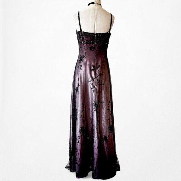 Vintage Plum Brown Floral Beaded Satin Gradient Mesh Maxi Prom Dress Size S - Picture 11 of 11